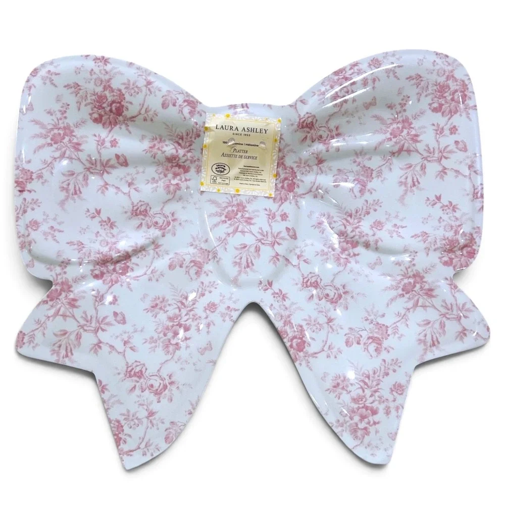 NEW! Laura Ashley Coquette White Pink FLORAL Bow Melamine Serving Tray Platter